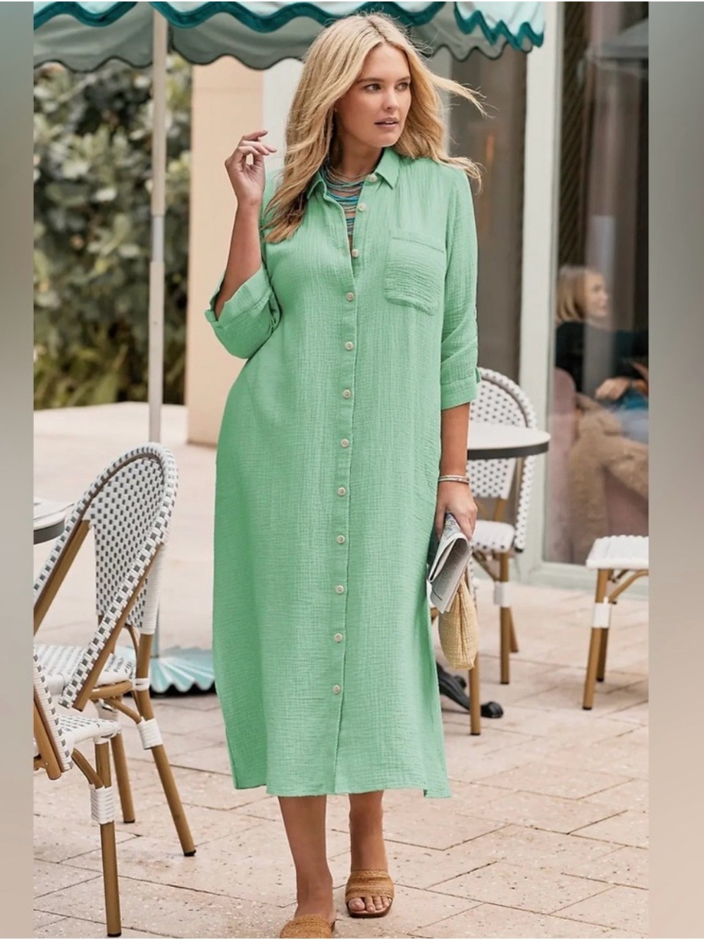 J. Jill Mint Green Button-Front Maxi Gauze 100% Cotton Dress